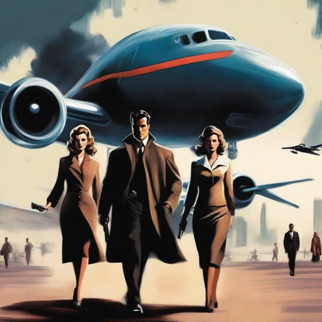 A dramatic book cover featuring a pilot, his flight attendant mistress, his wife, an airliner, and a sinister man with a gun