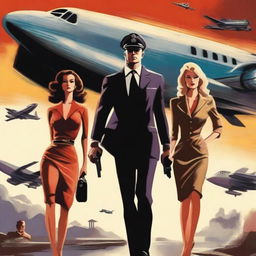 A dramatic book cover featuring a pilot, his flight attendant mistress, his wife, an airliner, and a sinister man with a gun