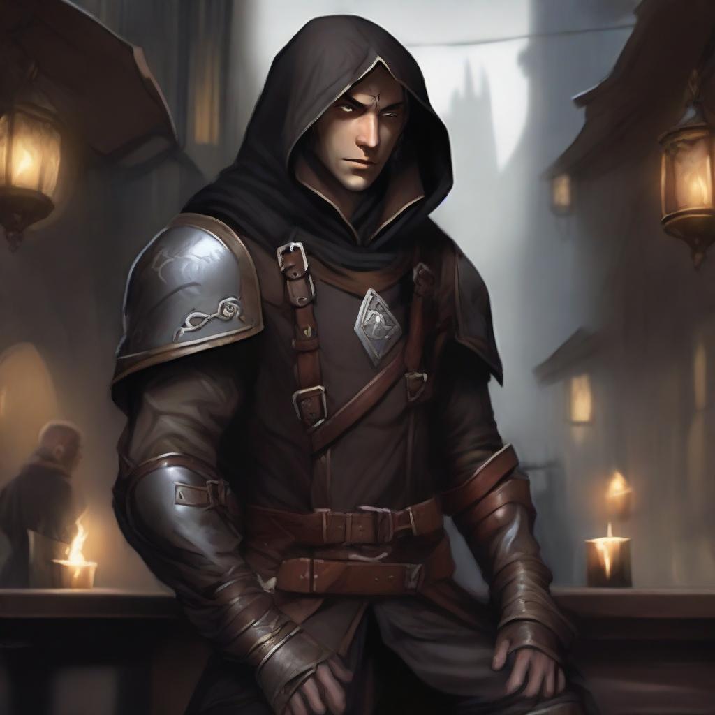 A half-elf male rogue wearing dark elvish leather armor with various brown leather straps for his equipment, featuring golden trimmings