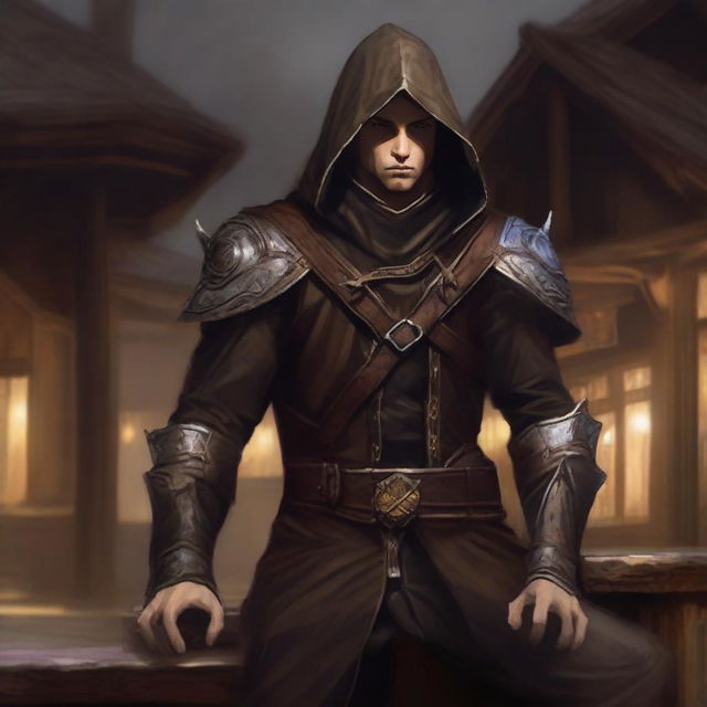 A half-elf male rogue wearing dark elvish leather armor with various brown leather straps for his equipment, featuring golden trimmings