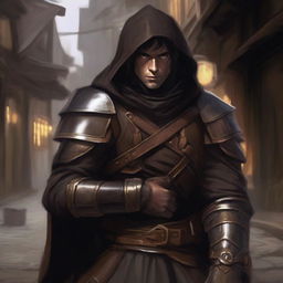 A half-elf male rogue wearing dark elvish leather armor with various brown leather straps for his equipment, featuring golden trimmings