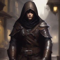 A half-elf male rogue wearing dark elvish leather armor with various brown leather straps for his equipment, featuring golden trimmings