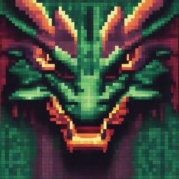 A detailed and fierce dragon face depicted in pixel art style, with vibrant colors and intricate scales