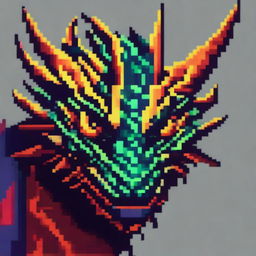 A detailed and fierce dragon face depicted in pixel art style, with vibrant colors and intricate scales