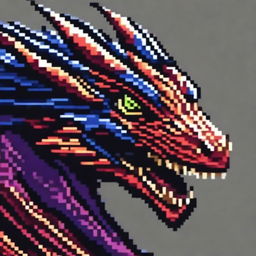 A detailed and fierce dragon face depicted in pixel art style, with vibrant colors and intricate scales