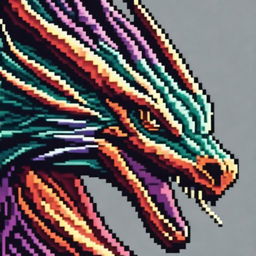 A detailed and fierce dragon face depicted in pixel art style, with vibrant colors and intricate scales