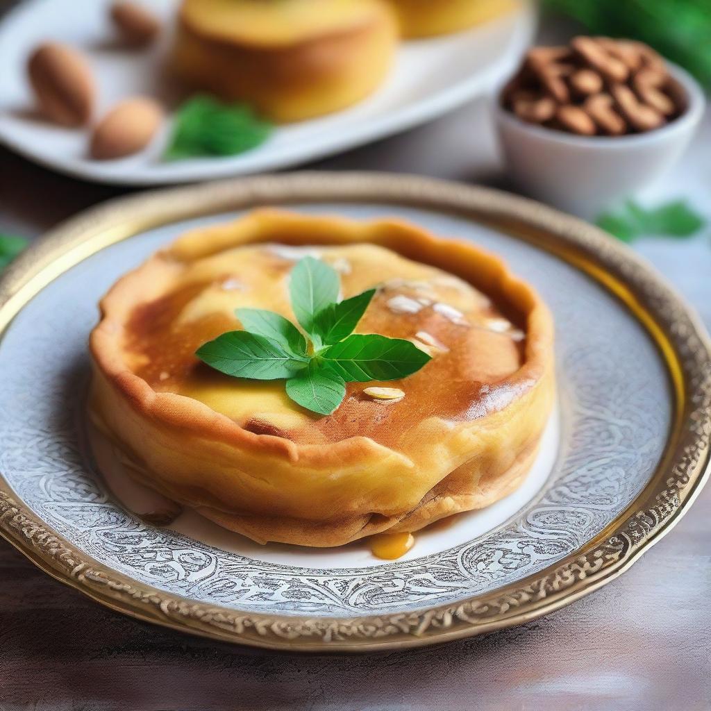 A beautifully crafted pastilla, a traditional Moroccan dish, presented on a decorative plate