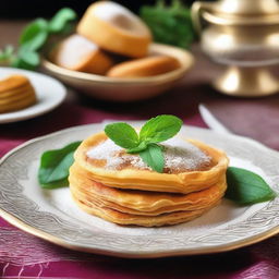 A beautifully crafted pastilla, a traditional Moroccan dish, presented on a decorative plate