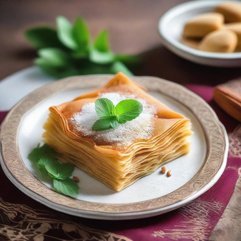 A beautifully crafted pastilla, a traditional Moroccan dish, presented on a decorative plate