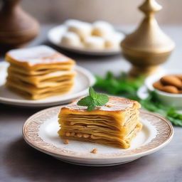 A beautifully crafted pastilla, a traditional Moroccan dish, presented on a decorative plate