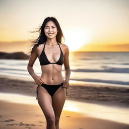 A fit and toned Asian woman with a slender figure, wearing a bikini that highlights her toned abs and chest