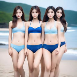 Create an image of five Korean girls with thin and fit figures, wearing short bikinis that highlight their toned abs and chest