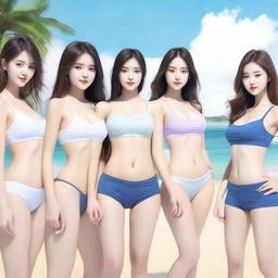 Create an image of five Korean girls with thin and fit figures, wearing short bikinis that highlight their toned abs and chest