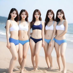 Create an image of five Korean girls with thin and fit figures, wearing short bikinis that highlight their toned abs and chest