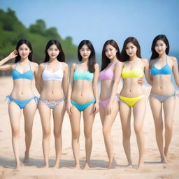 Create an image of five Korean girls with thin and fit figures, wearing short bikinis that highlight their toned abs and chest