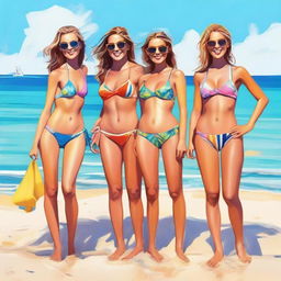 A group of Russian girls wearing bikinis, standing on a sunny beach with clear blue waters in the background