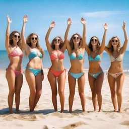 A group of 19-year-old Russian girls in bikinis, standing on a beach with their hands up, enjoying a sunny day