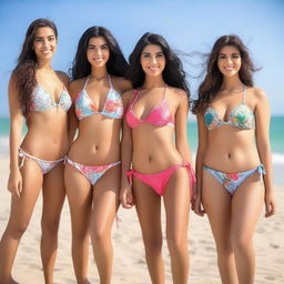 A group of Arabian women in bikinis, posing by the beach