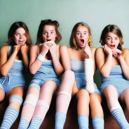 A group of girls tied up in socks, with a playful and mischievous expression on their faces