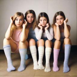 A group of girls tied up in socks, with a playful and mischievous expression on their faces