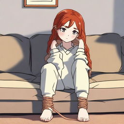 A red-haired girl sitting on a couch with her wrists and ankles tied with rope