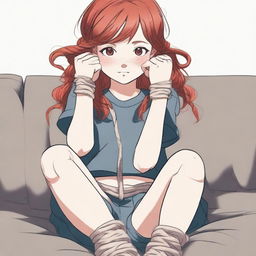 A red-haired girl sitting on a couch with her wrists and ankles tied with rope