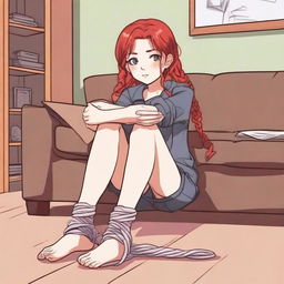 A red-haired girl sitting on a couch with her wrists and ankles tied with rope