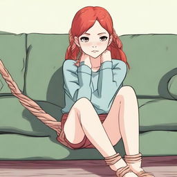 A red-haired girl sitting on a couch with her wrists and ankles tied with rope