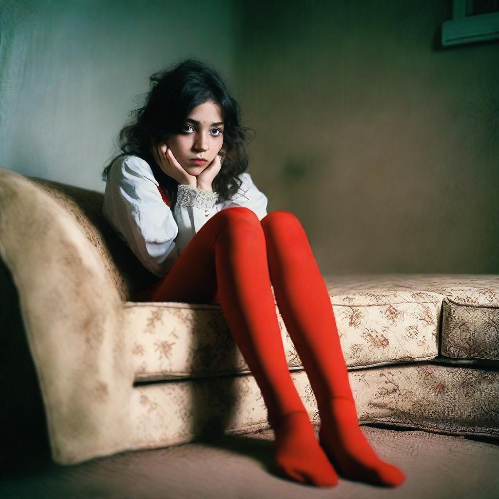 A girl tied up on a couch wearing red stockings