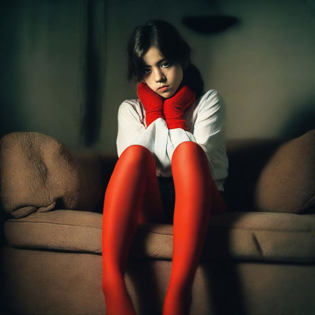 A girl tied up on a couch wearing red stockings