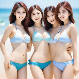 A group of Korean women in bikinis, posing by the beach