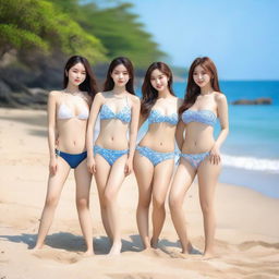 A group of Korean women in bikinis, posing by the beach