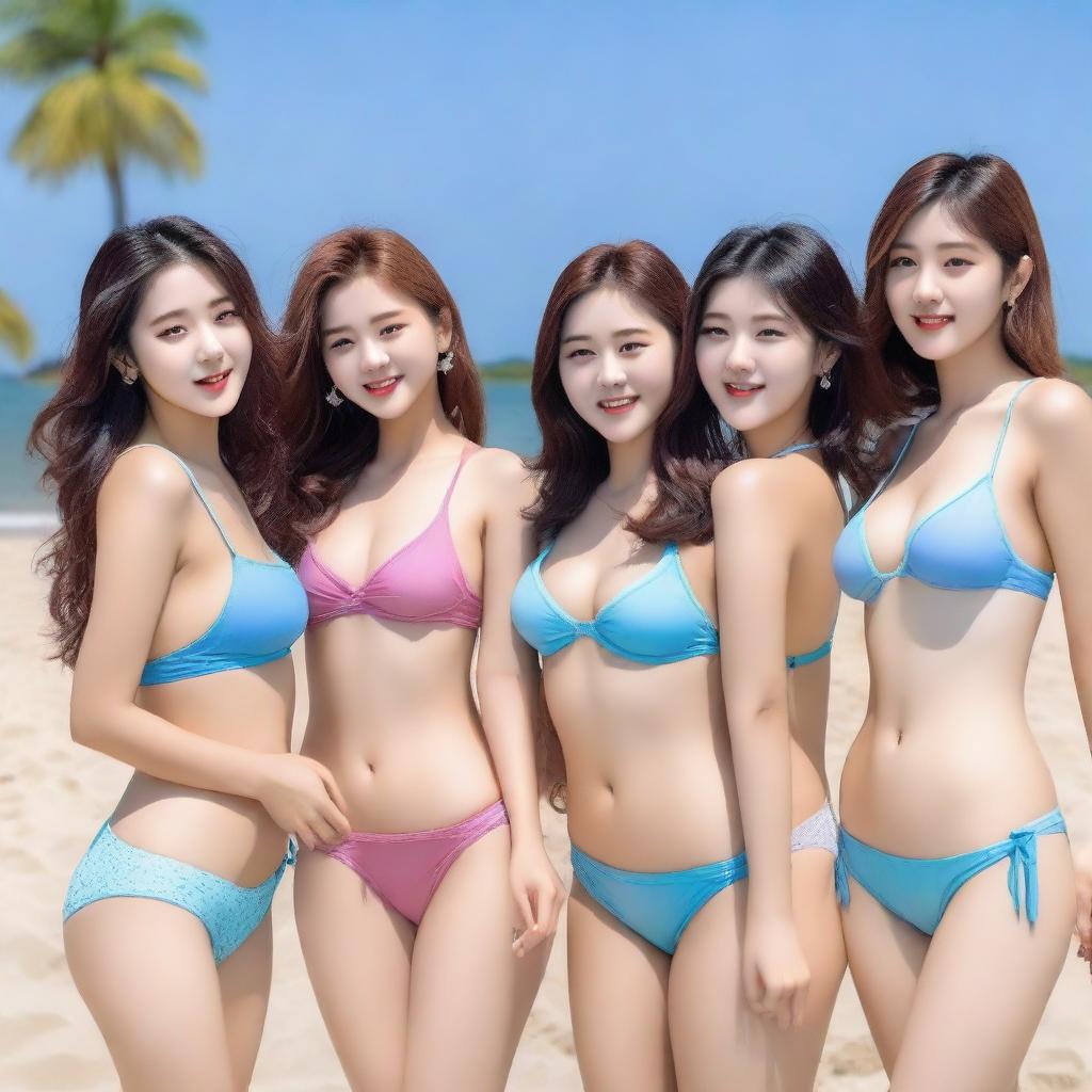 A group of Korean women in bikinis, posing by the beach