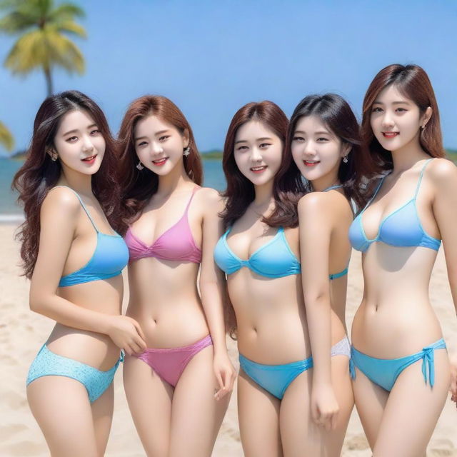 A group of Korean women in bikinis, posing by the beach