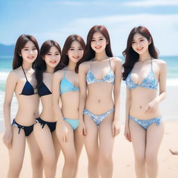 A group of Korean women in bikinis, posing by the beach