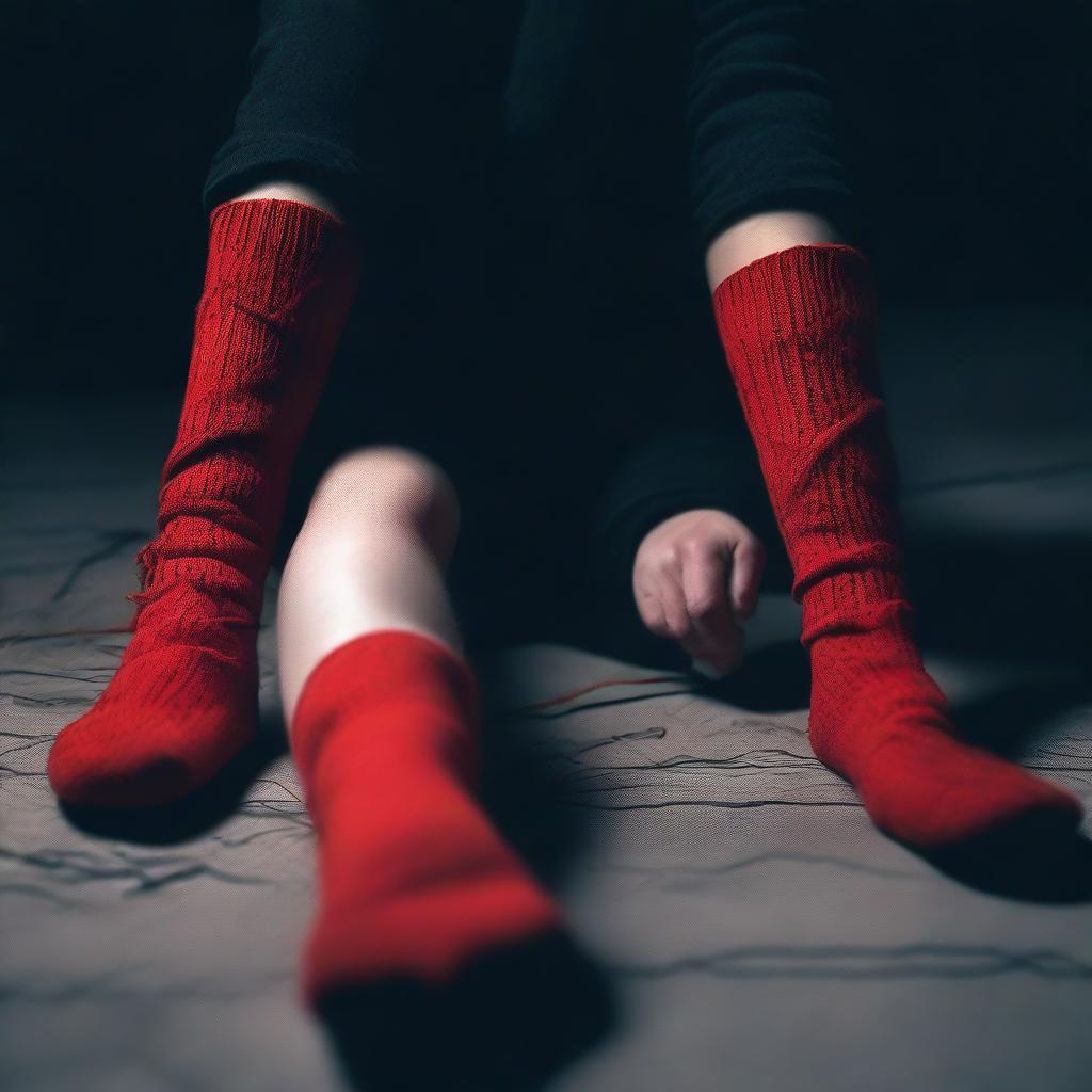 A girl is hogtied and wearing red socks