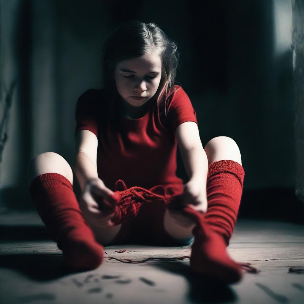 A girl is hogtied and wearing red socks