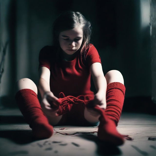 A girl is hogtied and wearing red socks