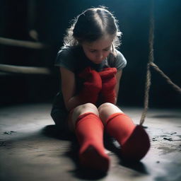 A girl is hogtied and wearing red socks