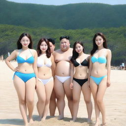 A group of Korean women in bikinis, posing by the beach with Kim Jong Un standing between them