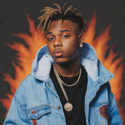 A detailed artwork of hip-hop artist Juice WRLD, focusing on his unique fashion style and conveying the energy of his music.