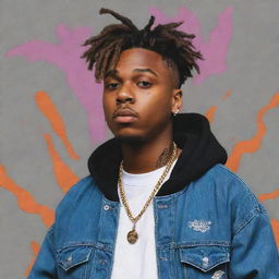 A detailed artwork of hip-hop artist Juice WRLD, focusing on his unique fashion style and conveying the energy of his music.