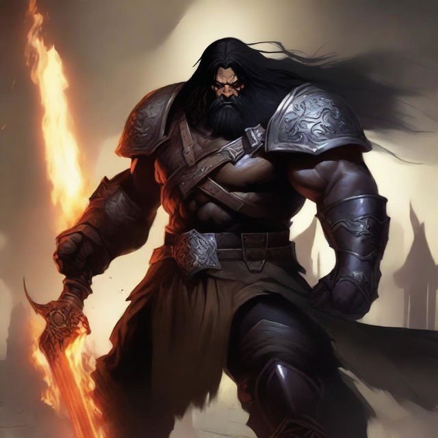 A brown orc paladin with long black hair and a black beard, wearing black armor