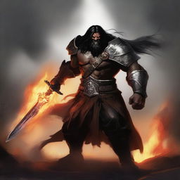 A brown orc paladin with long black hair and a black beard, wearing black armor