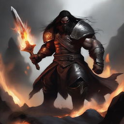 A brown orc paladin with long black hair and a black beard, wearing black armor