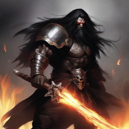 A brown orc paladin with long black hair and a black beard, wearing black armor