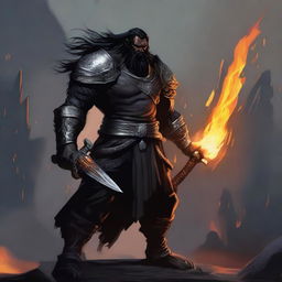 A brown-skinned orc paladin with long black hair and a black beard, wearing black armor