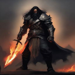 A brown-skinned orc paladin with long black hair and a black beard, wearing black armor