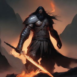 A brown-skinned orc paladin with long black hair and a black beard, wearing black armor