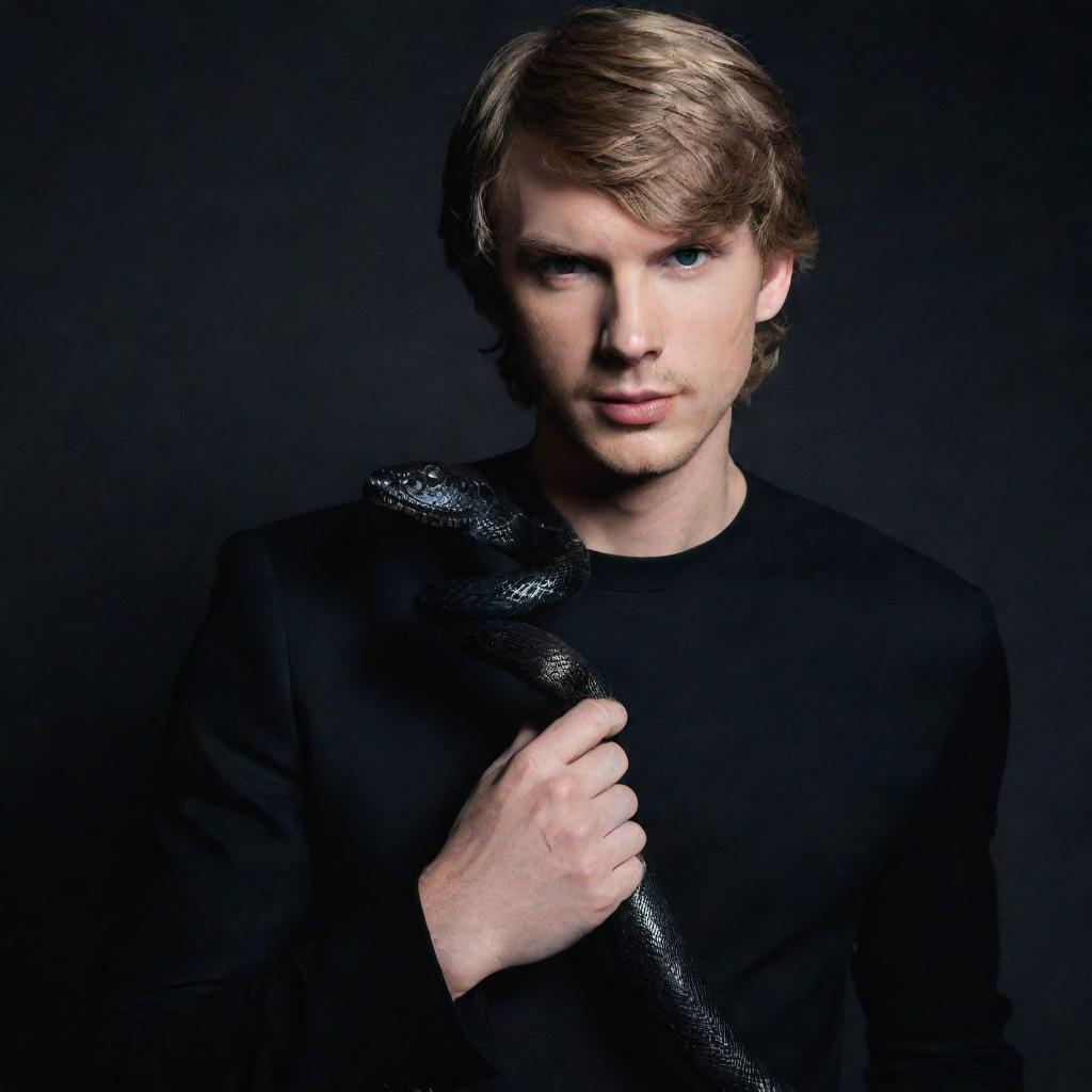 Male version of Taylor Swift, dressed in black aesthetics, holding a black snake.